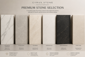 Premium stone slab selection for waterfall edge benchtops by Cyrus Stone