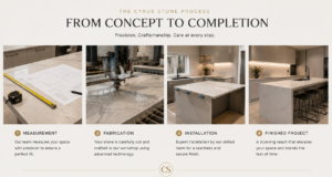 Cyrus Stone waterfall benchtop process from measurement and fabrication to installation in Melbourne