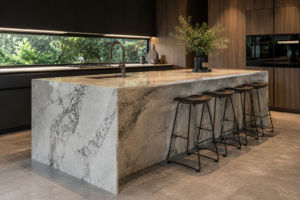Cyrus Stone waterfall edge kitchen island with veined stone benchtop in a modern Melbourne home