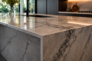 Close-up of a Cyrus Stone waterfall edge benchtop showing the transition from horizontal surface to vertical stone panel