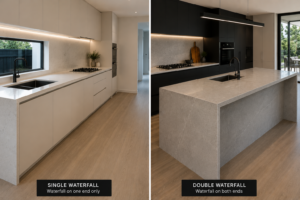 Comparison of single and double waterfall edge benchtops in modern kitchens by Cyrus Stone