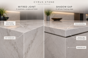 Comparison of a stone waterfall edge and shadow gap benchtop detail by Cyrus Stone