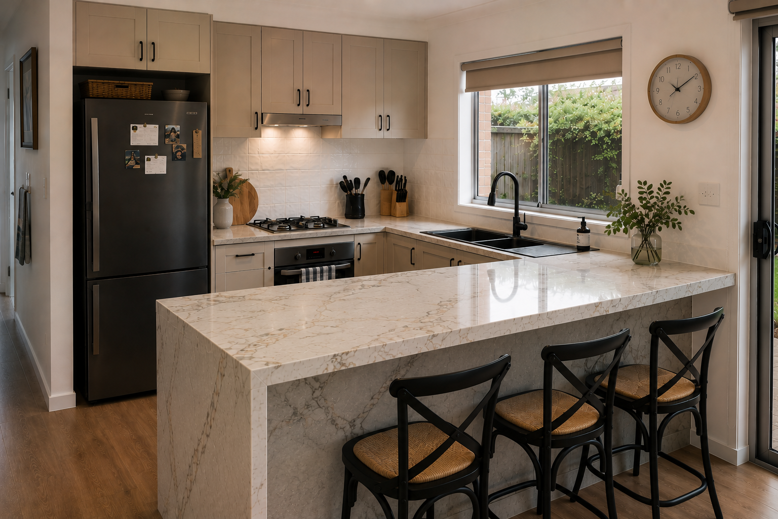 Completed stone benchtop and splashback in Melbourne kitchen